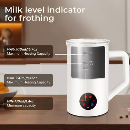 MAISON HUIS 6-IN-1 Milk Frother 550Watts, 20 oz Electric Stainless Steel, Hot and Cold Milk Frother for Latte, Macchiato, Cappuccino and Hot Chocolate, White