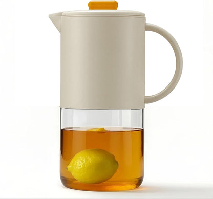 Delove Borosilicate Glass Pitcher with Lid & Auto Spout – Shatterproof Plastic Shell, Wide Mouth Design – 62 oz (1.9 Quart) Jug for Cold/Boiling Water, Iced Tea, Juice (1, Beige)