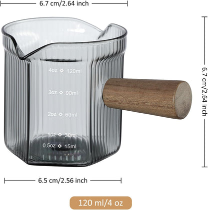 Joeyan 4 oz Grey Double Spouts Measuring Triple Pitcher Milk Cup with Wood Handle,Ribbed High Borosilicate Glass Measuring Cup, Espresso Shot Glasses