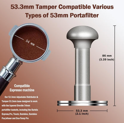 53.3mm Espresso Tamper - Premium Barista Coffee Tamper with Aluminum Handle and Stainless Steel Base, Compatible with Breville Barista Express 54mm Portafilter Basket (Silver)