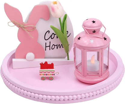 Pink Round Wood Decorative Ottoman Tray for Coffee Table Kitchen Counter, Living Room, Handcrafted Wooden Serving Tray for Table Centerpiece
