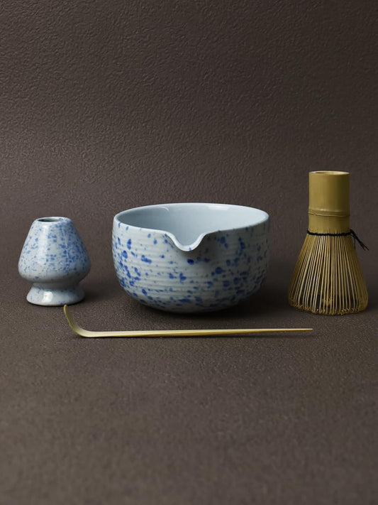 Artcome Matcha Tea Set - Ceramic Matcha Bowl with Pouring Spout, Bamboo Whisk, Whisk Holder, Tea Scoop & Matcha Manual - Complete Traditional Japanese Tea Ceremony Kit for Home, Office, or Gift, Blue