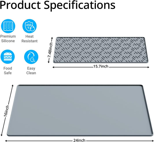 Silicone Coffee mat 24''x16'' – Non-Slip Bar Mat with Detachable Drying Layer for Espresso Machines, Countertops & Dish Racks