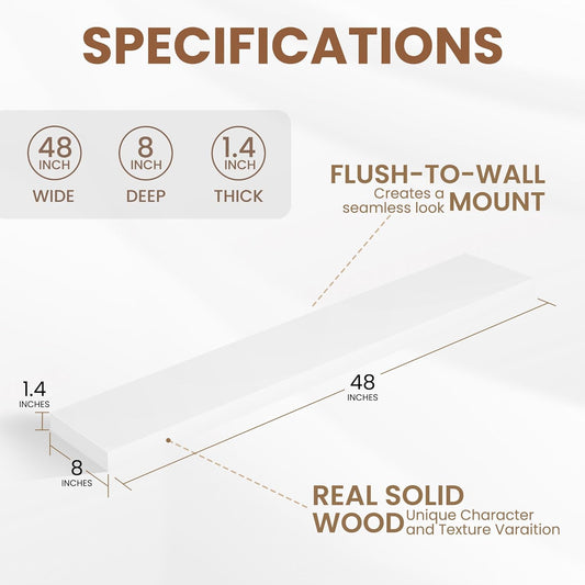 Fun Memories Rustic Real Wood Floating Shelves, 8 Inch Deep Floating Shelf Wall Mounted, 48" W x 8" D Wall Shelves Storage Shelves for Living Room, Bedroom, Bathroom, White Finish, Set of 1