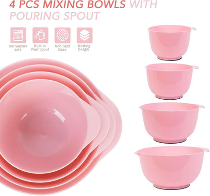BoxedHome 4 Quart Large Plastic Mixing Bowls, Microwave Safe Mixing Bowl Set with Pour Spout, Nesting Bowls for Space Saving Storage(Fading Rose)