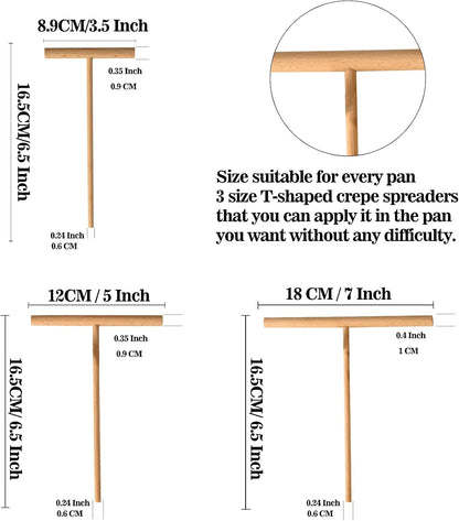 Crepe Spreader and Spatula Kit, 3.5 Inch, 5 Inch, 7 Inch T-Shaped Batter Spreaders & 13.4 Inch Spatula Turner, Pancake Tool, Natural Wood Material Crepes Sticks Fit Any Crepe Pan Maker, Pack of 4