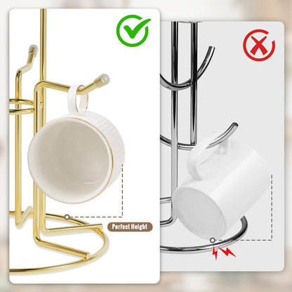 HULISEN Mug Holder for Large Cups, Mug Tree for Counter with 6 Hooks, Metal Coffee Mug Stand for Easy Pick, Place and Display, Coffee Bar Accessories and Decor, Free Standing Mug Rack, Gold