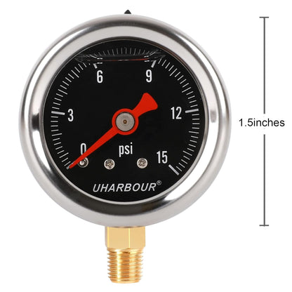 Glycerin Filled Pressure Gauge with 304 Stainless Steel Case, 1-1/2" Black Dial, 0-15Psi, High Accuracy, 1/8" NPT Center Bottom Mount……