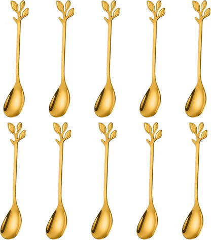 AnSaw Elegant Gold Leaf Coffee Spoons - 10-Piece, 4.7" Mini Stainless Steel Espresso & Dessert Tea Spoons, Perfect for Demitasse & Small Servings