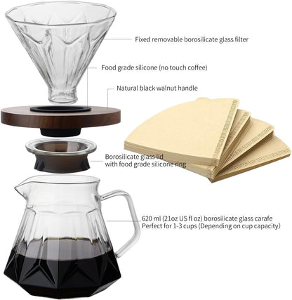 Pour Over Coffee Maker Set, 21 oz/620ml Glass Pour Over Coffee Dripper Filter Coffee Maker Kit Manual Grinder with Walnut Handle for Home Office Cafe Restaurant Camping (Grey)