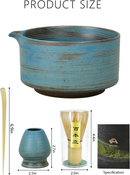 Artcome Japanese Matcha Bowl Set with Pouring Spout, Ceramic Matcha Whisk Holder, Bamboo Tea Scoop, Matcha Whisk, and Tea Manual - Traditional Chawan Set for Matcha Lovers