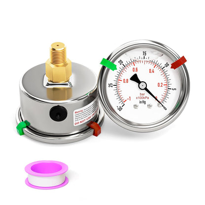 -30inHG-0PSI Stainless Steel Liquid Filled Pressure Gauge, 2.5" Dial Size, 1/8" NPT Back Mount, for Tube, Water Pump, Gas, Liquid, Pressure Test (with Range Mark Pointer)