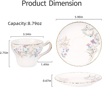 KAMMAK Tea Cups and Saucers Set of 2, Reinforced Porcelain Coffee Cups, 7.4-Ounce Stackable Espresso Mugs, Ceramic Demitasse for Coffee, Cappuccino, Latte, Americano, Tea, Lilac + Colorful