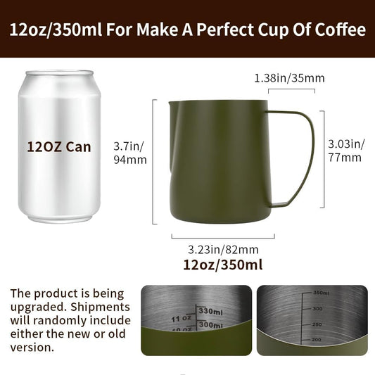 watchget Stainless Steel Milk Frothing Pitcher 12oz/350ml - Espresso Steaming Pitcher for Cappuccino, Latte Art, Coffee Machine Accessories Milk Jug Coffee Frother Cup, Matte Green