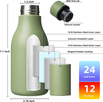 BJPKPK Insulated Water Bottles, 12oz Stainless Steel Metal Water Bottle with Strap, BPA Free Leak Proof Thermos, Mugs, Flasks, Reusable Water Bottle for Sports & Travel, Forest Green