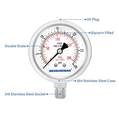 MEASUREMAN Fully Stainless Steel Hydraulic Glycerin Filled Pressure Gauge, 2-1/2" Dial Size,0-30psi/kpa,1/4" NPT Lower Mount