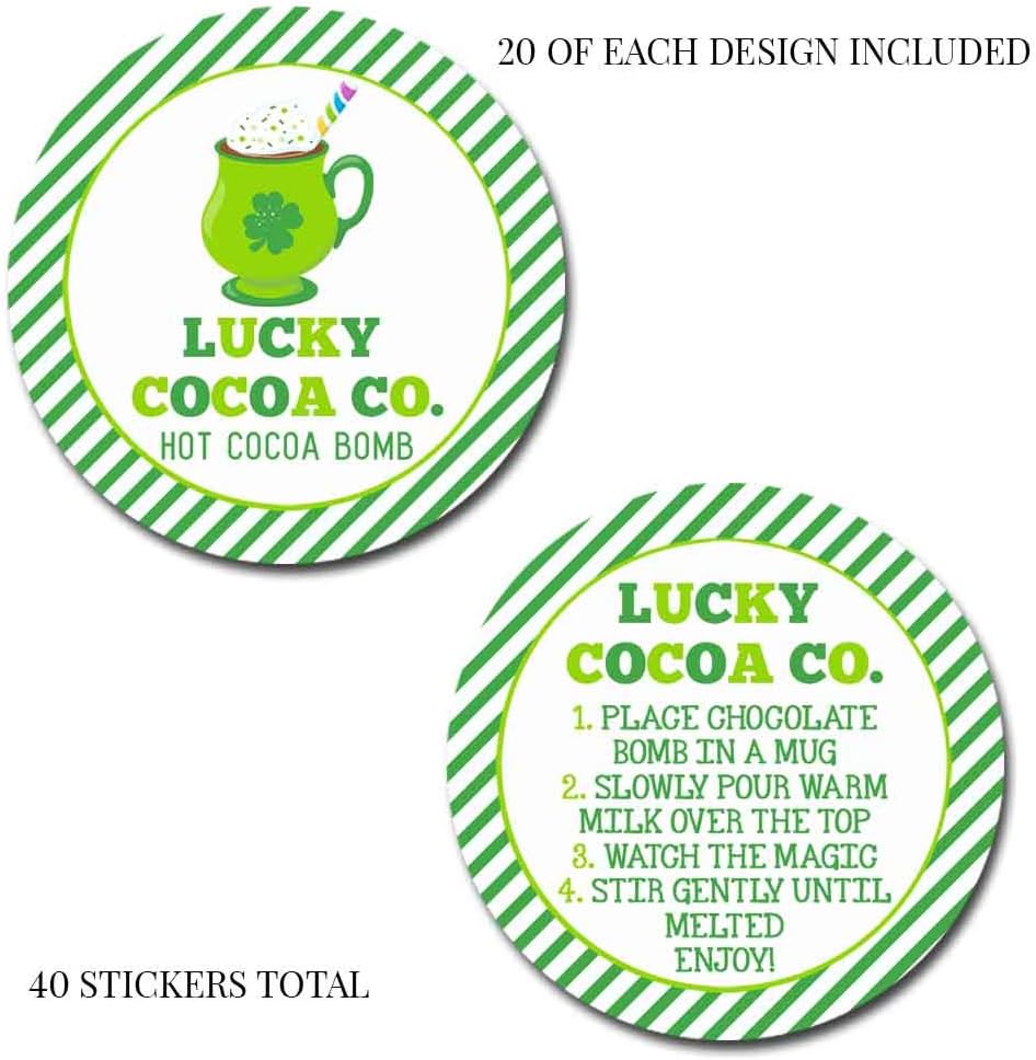Lucky Cocoa Co. Festive Mug Themed St. Patrick's Day Hot Cocoa Bomb Packaging Sticker Labels, Total of 40 2" Circle Stickers (20 Sets of 2) by AmandaCreation