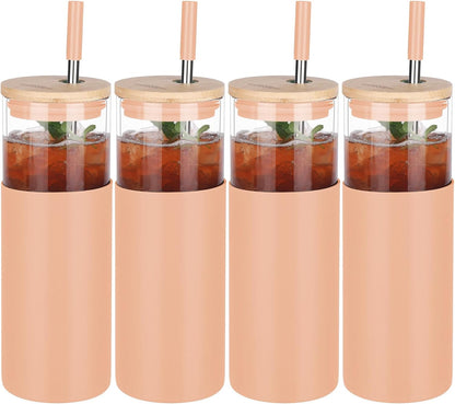 Glass Tumbler w/Lids & Straw:24oz Reusable Mug w/Bamboo Lid,Stainless Steel Straw, BPA-Free, Leak-Proof, Dishwasher Safe for Coffee, Smoothies, Hot Beverages,Travel,Office,Home Use,4-PK,Amber