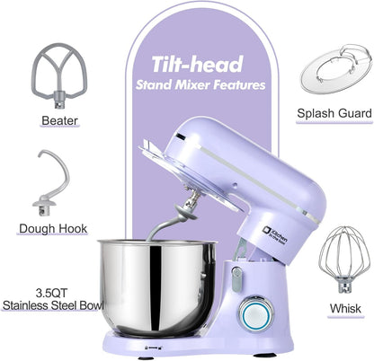 Kitchen in the Box Stand Mixer, 3.5 QT Small Electric Kitchen Mixer, 10-Speed Portable Lightweight Food Mixer with Stainless Steel Bowl, Egg Whisk, Dough Hook, Beater (Lavender Purple)
