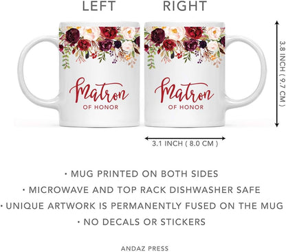 Andaz Press 11oz. Wedding Ceramic Coffee Tea Mug Gift, Fall Autumn Marsala Burgundy Flowers Roses Florals, Matron of Honor, 1-Pack, Includes Gift Box