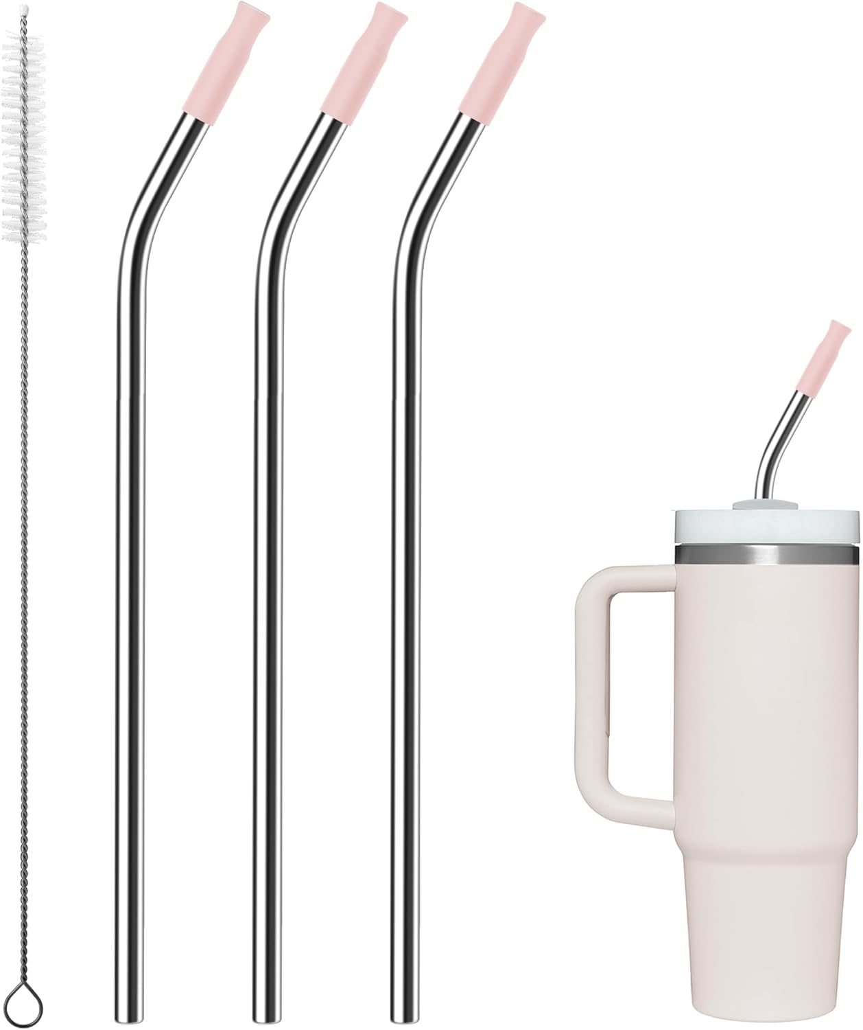 Reusable Stainless Steel Straws with Silicone Tip for Stanley 30oz, Metal Drinking Straws for 30oz Tumbler,3 Bent Tubes & 6 Tips& 1 Cleanr Brush (Rose Quartz)