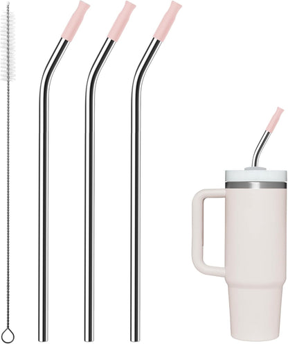 Reusable Stainless Steel Straws with Silicone Tip for Stanley 30oz, Metal Drinking Straws for 30oz Tumbler,3 Bent Tubes & 6 Tips& 1 Cleanr Brush (Rose Quartz)