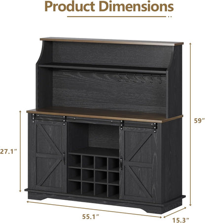 55 Inch Farmhouse Coffee Bar Cabinet with 3-Tier Storage, Kitchen Hutch with 12 Wine Racks & 3 Glass Holders, Coffee Bar with 6 Hooks, Wine Bar Cabinet for Dining Living Room, Black