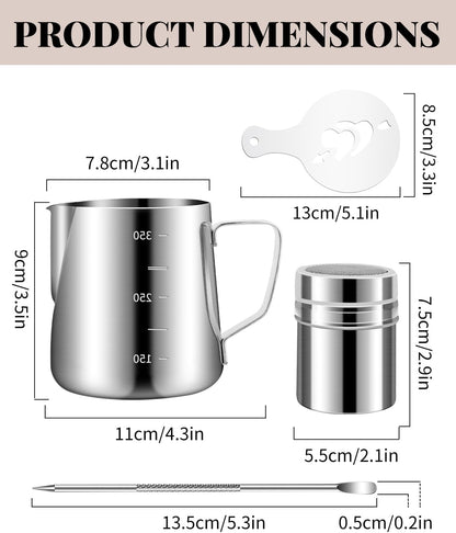 Milk Frothing Pitcher 350ml/12oz Steaming Pitchers Stainless Steel Milk Cappuccino Coffee with Decorating Art Pen, Powder Shaker, 16 Pieces Coffee Decorating Stencils