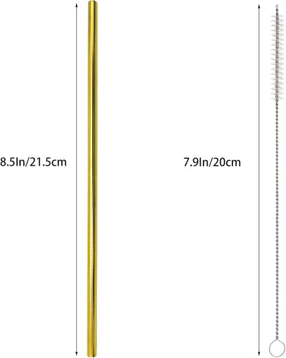 10 Pcs Stainless Steel Straws, Reusable Drinking Straws, Straight Metal Straw Sets with 2 Pcs Cleaning Brushes (8.5 Inch, Gold)