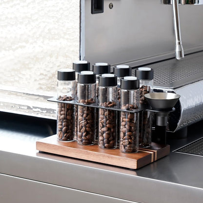 watchget Single Dose Coffee Storage Tubes 10 Pcs Dosing Glass Vials with One-way Exhaust Valve Lids Coffee Bean Storage Coffee Bean Cellar with Hopper & Wood Base, B