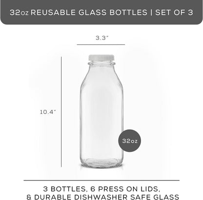 JoyJolt Glass Milk Bottles with Lids and Pourer – 32 Oz, 3 Pack Airtight Heavy Duty Reusable Glass Bottles, Leakproof, BPA-Free, Food Grade, Dishwasher Safe Jug, Pitcher for Milk, Juice, and Water