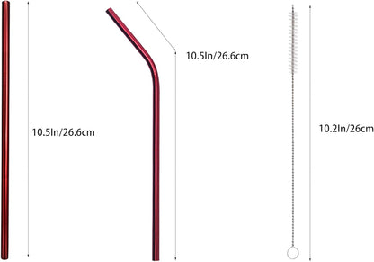 10 Pcs Stainless Steel Straws, Reusable Drinking Straws, 5 Straight + 5 Bent Metal Straws Set With 2 Pcs Cleaning Brushes (Red, 10.5 Inch)