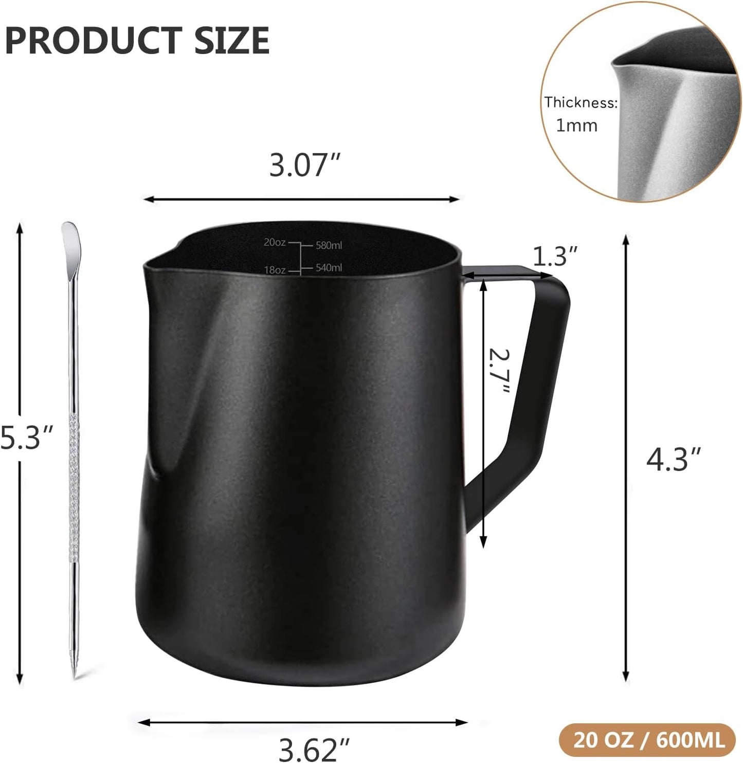Milk Frother Pitcher 20 OZ，Espresso Milk Frothing Pitcher, Milk Steamer Cup Steaming Pitcher, Stainless Steel Coffee Froth Cup with Latte Art Pen for Coffee Cappuccino (Black)