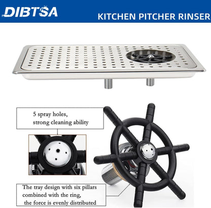 DIBTSA Glass Rinser, Stainless Steel Espresso Cup Pitcher Rinser Sink with Spray,Drain and Drip Tray, Silver Middle Size 16.65 x 8.81 x 1.1 inches