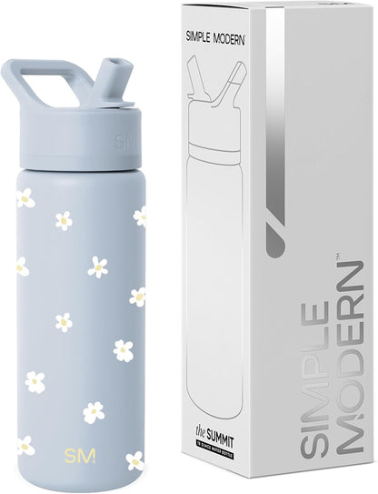 Simple Modern Kids Water Bottle with Straw Lid | Vacuum Insulated Stainless Steel Metal | Reusable Leak Proof BPA-Free Thermos for School | Summit Collection | 18oz, Sweet Daisy on Blue