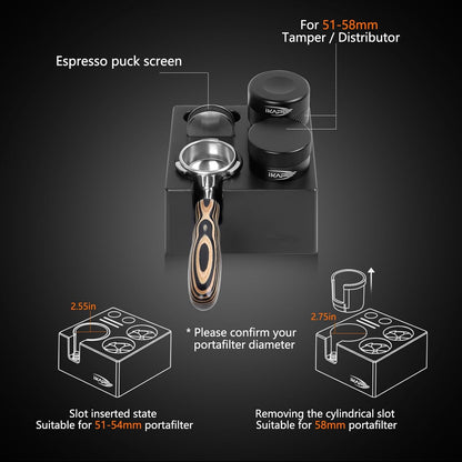 IKAPE ABS Espresso Knock Box, 7 in 1 Coffee Organizer Box Fit for Storage 51, 54, 58MM Espresso Tamper, Distributor, Portafilter & Puck Screen Accessories(Black)