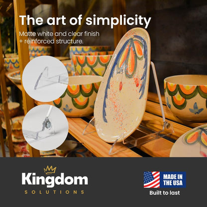 KINGDOM SOLUTIONS MADE IN USA 12-Pack Adjustable Acrylic Easels - Plate Stand - Sturdy Book Stand for Art, Pictures, Plates, Frames - Unique on the Market