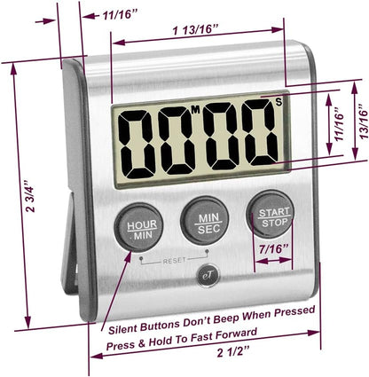 Elegant Digital Kitchen Timer, Stainless Steel Model eT-78, Displays 0-99 Min. or 0-99 Hr., Super Strong Magnet, Volume Switch for Mute/Soft/Loud Alarm, Auto Shut Off, Auto Memory by eTradewinds