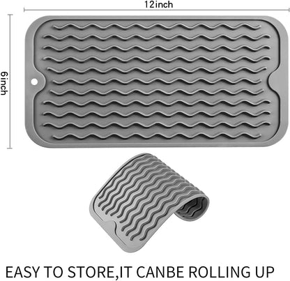 Silicone Dish Drying Mat for Multiple Usage,Easy clean,Eco-friendly,Heat-resistant Silicone Mat for Kitchen Counter or Sink,Refrigerator or Drawer Liner Grey S 12 inches x 6 inches