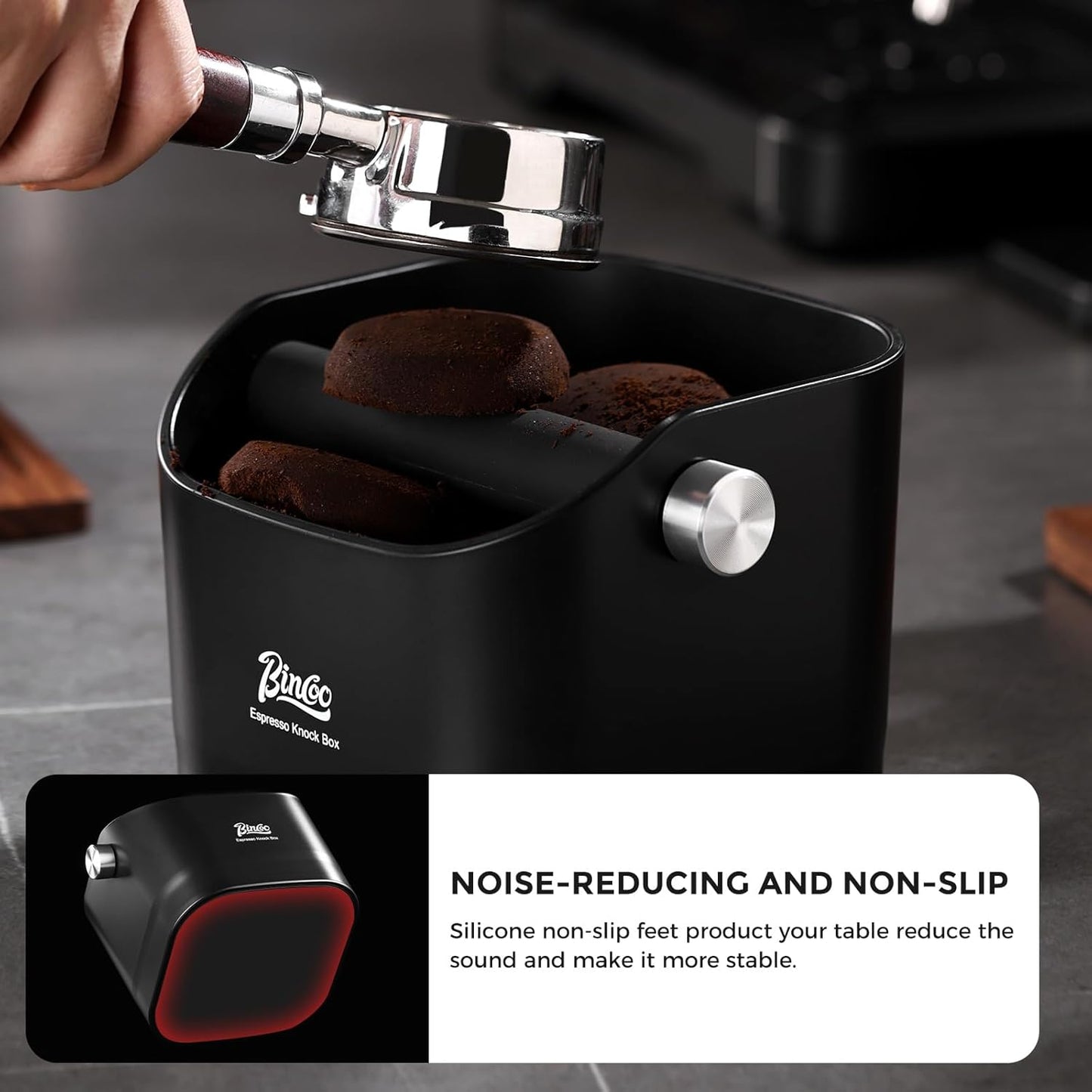 Bincoo Square Coffee Knock Box 0.8L –ABS Espresso Knock Bin with Non-Slip Base, Wide 4.6" Slanted Opening & Detachable Silicone Knock Bar for Easy Cleaning and Quiet Use(Gray(square))