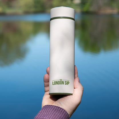 London Sip 16.9 oz Multi-Purpose Tea Infuser Mug – Fruit Infuser Water Bottle for Hot and Cold – Double Wall Stainless Steel Insulated, Safari Beige