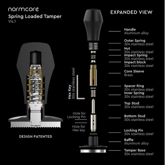 Normcore 51mm Coffee Tamper V4.1 with Click Sound Feedback, Spring Loaded Tamper Fit Delonghi Portafilter, 304 Stainless Steel Flat Base, Anodized Aluminum Handle with Silicone Stand, Black