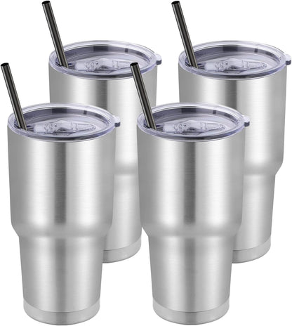 DOMICARE 30 oz Tumbler with Lid and Straw, Stainless Steel Tumblers Bulk, Insulated Vacuum Double Wall Travel Coffee Mug, Durable Powder Coated Tumbler Cups (Stainless Steel, 4)