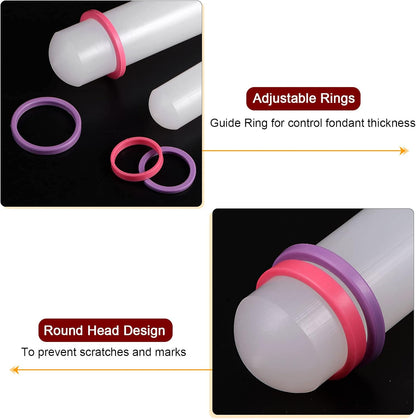 HARFINGTON Fondant Rolling Pin 9 Inch x 0.98 Inch Adjustable Guide Rings Non-Stick PP Plastic Fondant Roller Dough Roller Kitchen Decorating Tools for Cookie Pastry Pizza Clay