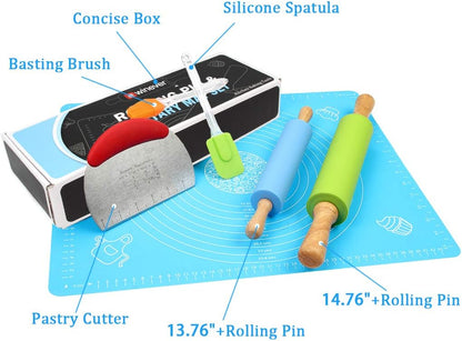 Ewinever 1Set Rolling Pin Pastry Mat Set Non-Stick 6 in 1 Dough Roller Baking Kit with Pastry Cutter Reusable Kneading Mat Scraper Basting Brush