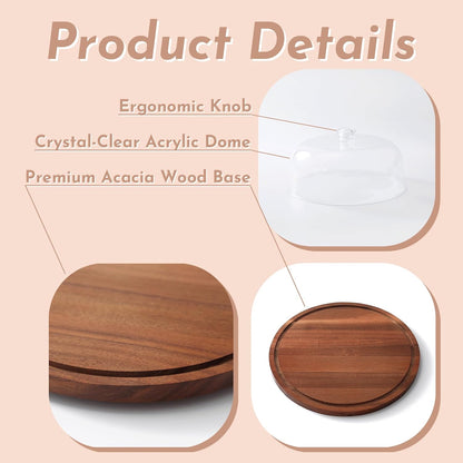 Acacia Wood Cake Stand with Acrylic Dome Lid, Cake Holder with Lid, Dessert Display Stand with Dome Cover, Charcuterie Boards for Cheese, Chips, Fruit, Cake Board, Cake Plate for Party, Wedding