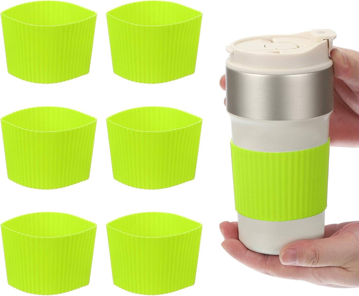 uxcell 6Pack Coffee Cup Sleeves, Reusable Silicone Heat Resistant Cup Protective Sleeve Nonslip Mug Protector Cover for Home Travel Coffee Mug Glasses Water Bottle Boots, Yellow Green