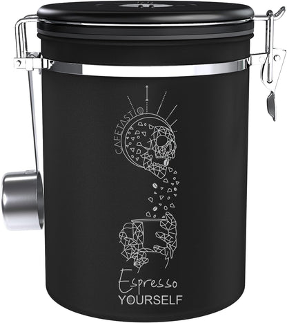 Coffee Canister – Airtight Stainless Steel Storage Container with Date Tracker & Scoop, Sealed Jar for Grounds, Beans, Tea, Flour, Cereal, and Sugar (Black Esspresso, 22OZ)