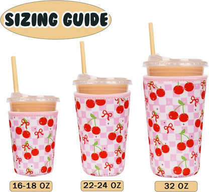 Reusable Insulated Neoprene Iced Coffee Cup Sleeve, Durable Drink Sleeve for Cold Beverages, Beverage Holder for Iced Coffee, Cherry Gleam