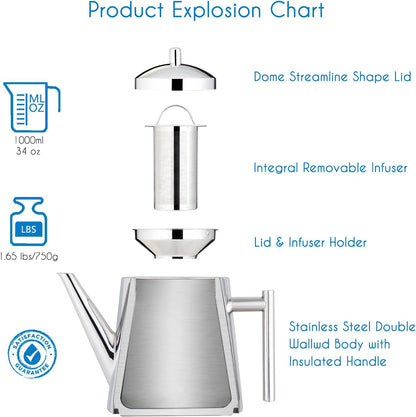 Easyworkz Stainless Steel Double Wall 34 oz Tea Pot with Removable Tea Infuser, Perfect for Brewing Your Favorite Tea, Chrome